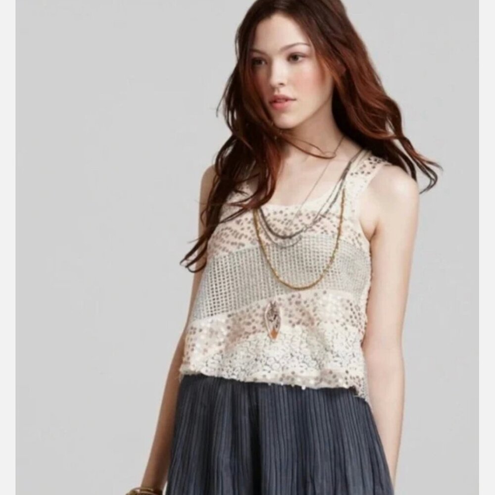 Free People Itsy Bitsy Glitzy Tank Medium Sheer Sequin Sparkle